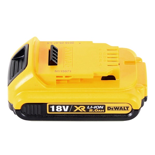 Gelb-schwarzer DeWalt 18 Volt Lithium-Ionen-Akku mit 2,0 Amperestunden Kapazität aus der XR-Serie.