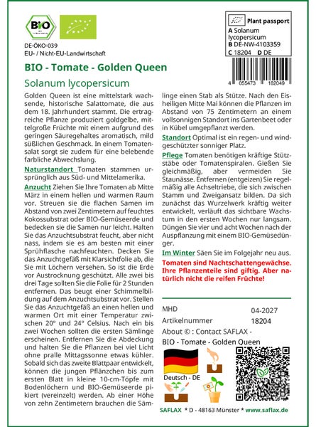 SAFLAX Garden in the bag - BIO - Tomate - Golden Queen - Solanum lycopersicum - 15 Samen - Mit Anzuchtsubstrat im praktischen, selbst aufstellenden Beutel