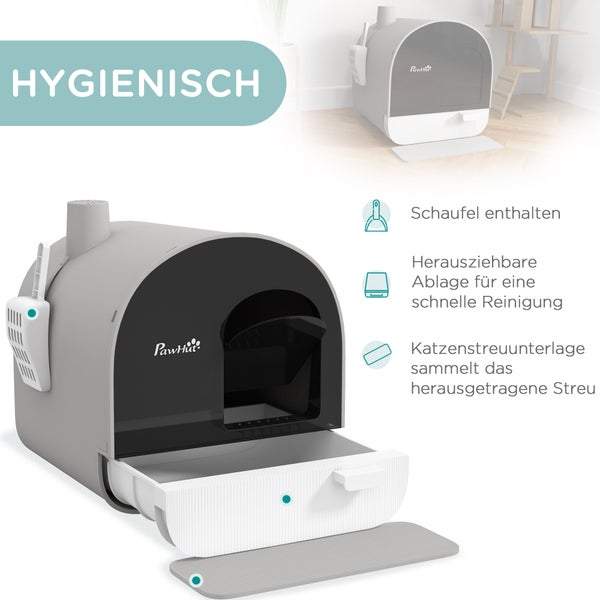 PawHut Katzentoilette mit Deckel, Katzenklo inkl. Schaufel und Streu-Matte, Ausziehbares Tablett, Katzenklo für Katzen bis 5 kg, Grau, 43 x 44 x 47 cm