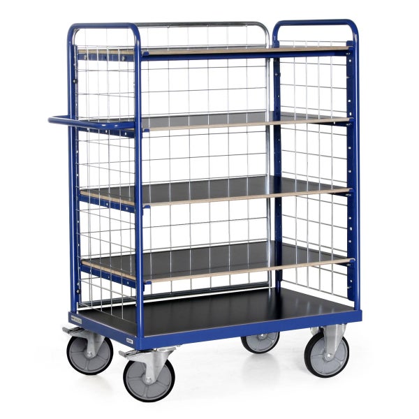 Blauer Transportwagen mit vier Regalböden und Rollen