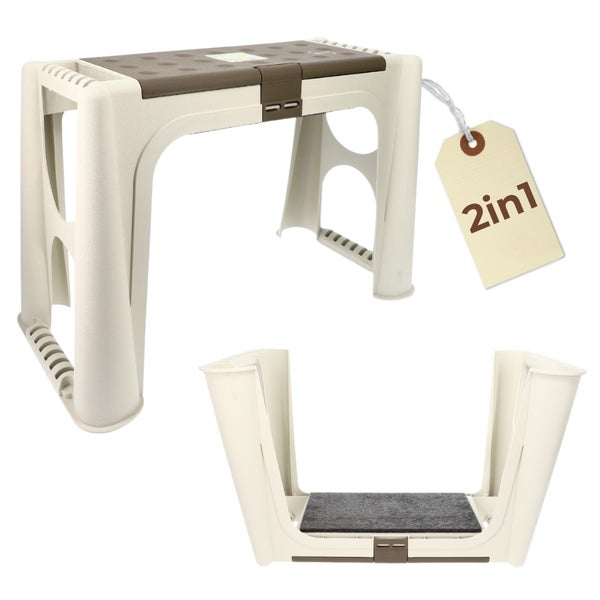 Zusammenklappbarer Tritthocker aus Kunststoff mit rutschfester Oberfläche in zwei Ansichten