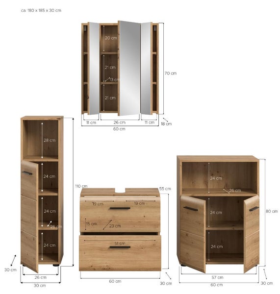 Badezimmermöbel-Set in Eichenoptik mit Maßen für Spiegelschrank, Hochschrank, Waschbeckenunterschrank und Midischrank, Breite circa 180 Zentimeter.