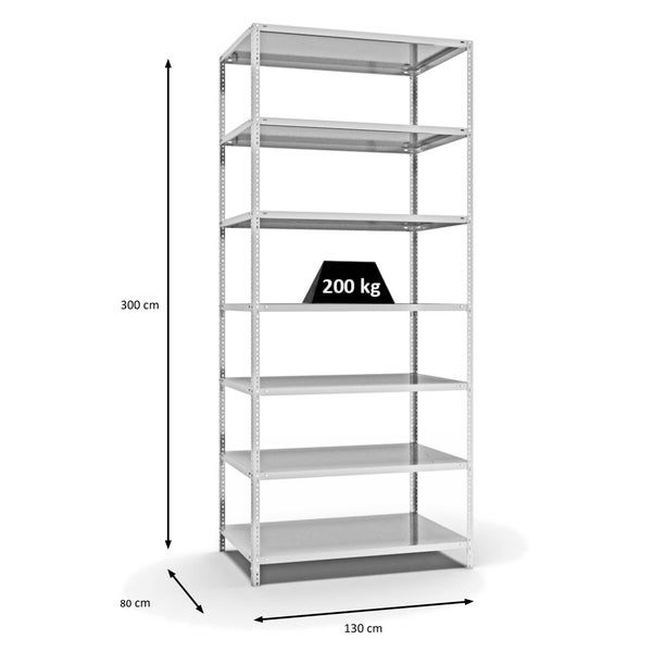 PROREGAL Fachbodenregal Schraubsystem Medium-Duty Grundregal HxBxT 300 x 130 x 80 cm 7 Ebenen Fachlast 200 kg Beidseitig Nutzbar Lichtgrau