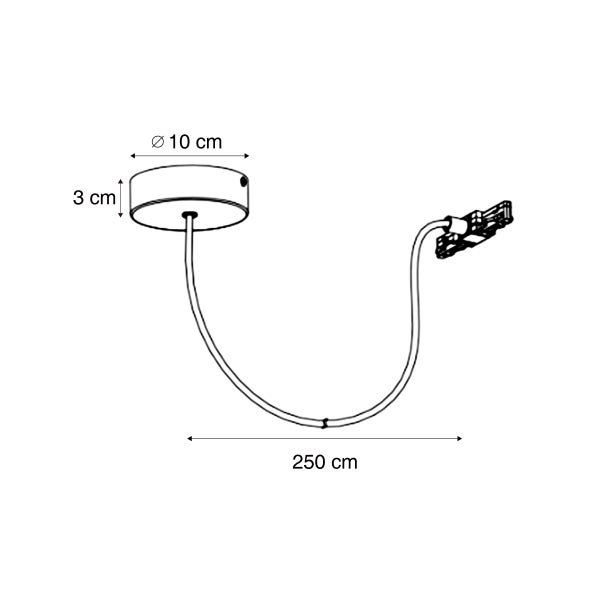 Technische Zeichnung einer Pendelleuchte mit den Maßen 10 cm Durchmesser, 3 cm Höhe und 250 cm Kabellänge