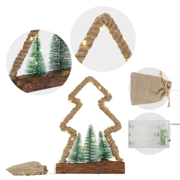 ECD Germany LED Jute Baum mit LED-Beleuchtung 23x6,5x30 cm, Deko Weihnachtsbaum aus Seil mit 30 warmweißen LEDs, 3 Tannen, Jutesäckchen, batteriebetrieben, Timer, Tannenbaum Figur Weihnachtsdeko Innen