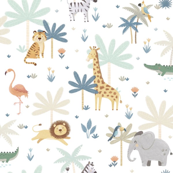 Kindertapete mit Dschungeltieren wie Löwe, Elefant, Giraffe, Zebra und Tiger zwischen Palmen und Pflanzen im illustrierten Stil.
