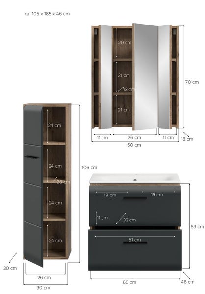Maßzeichnung eines Badezimmermöbel-Sets mit Hochschrank, Spiegelschrank und Waschbeckenunterschrank inklusive Maßangaben in Zentimetern.