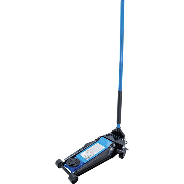 Rangierwagenheber aus blauem und schwarzem Metall mit Doppelkolben-System, Rückansicht.