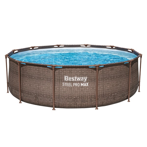 Runder Aufstellpool mit Stahlrahmen und Folie in Rattan-Optik, gefüllt mit Wasser.