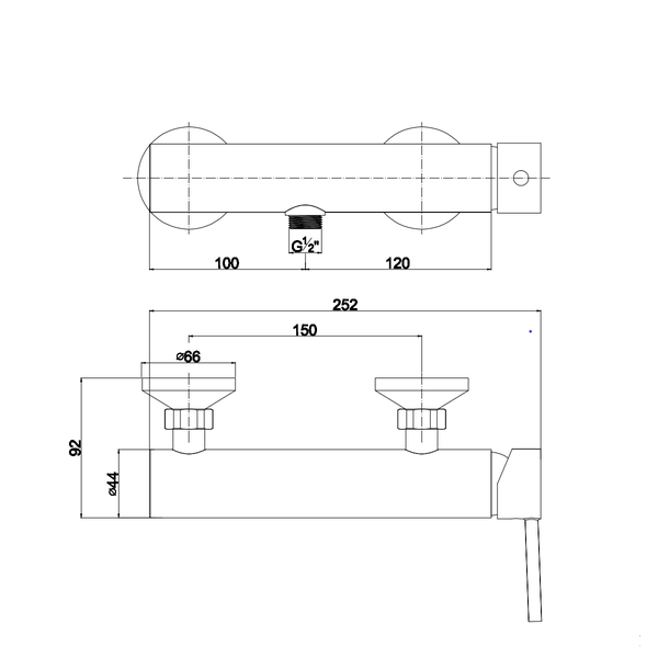 Technische Zeichnung einer Armatur mit Maßangaben.