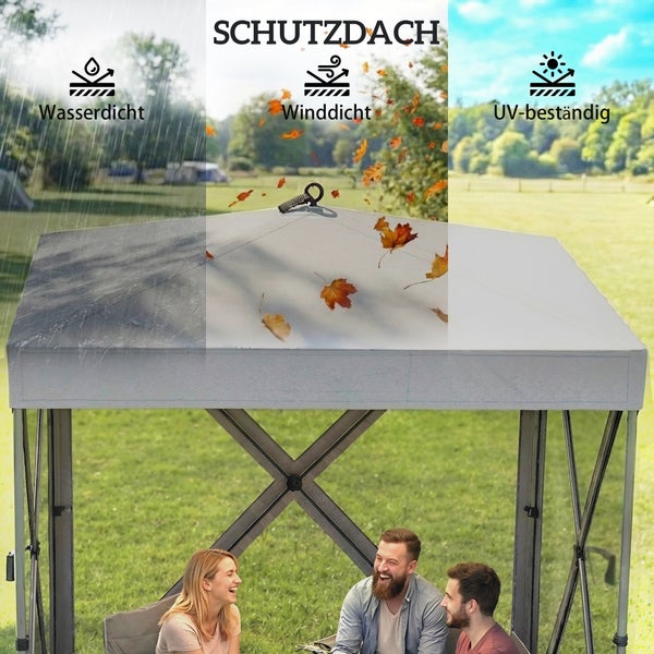 Graues Pavillondach, wasserdicht, winddicht und UV-beständig. Drei Personen sitzen entspannt unter der Überdachung auf einer Wiese.