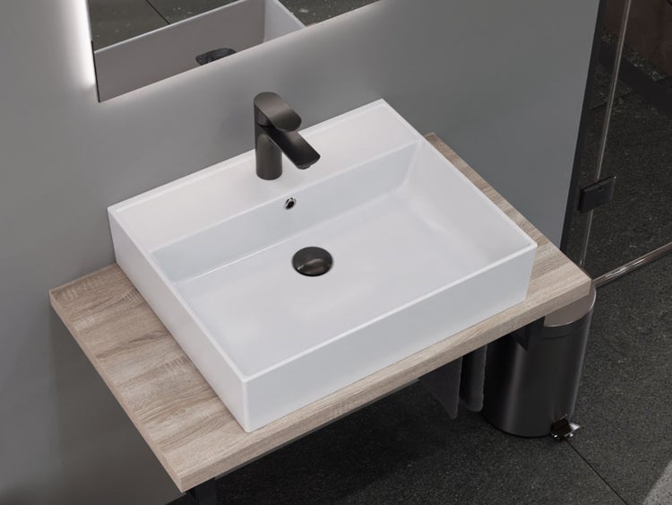 Aqua Bagno Basic Plan Waschbecken 10.16.30.03.2 – 55 x 45 cm – Weiß Hochglanz – Keramikbecken mit Hahnloch & Überlauf