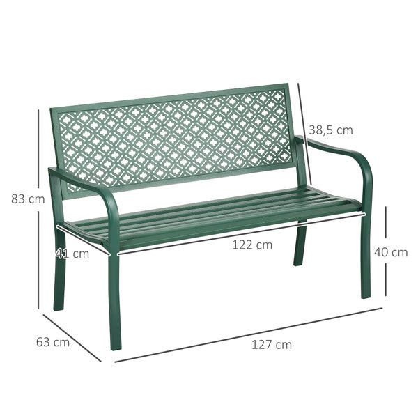 Outsunny Gartenbank Stahl, 2-Sitzer Parkbank mit Rückenlehne & Armlehne, Sitzbank mit Blumenmuster, 127 x 63 x 83 cm, Stahl, Dunkelgrün