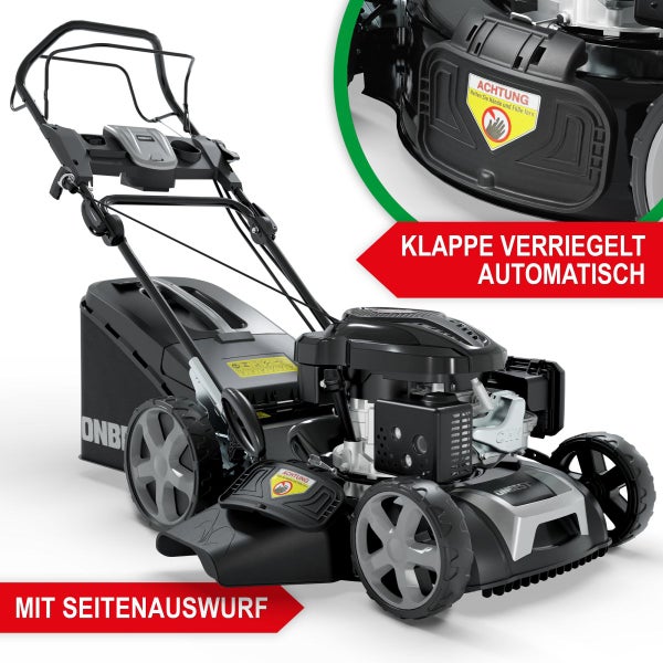 Benzin-Rasenmäher mit Seitenauswurf und einer sich automatisch verriegelnden Klappe.
