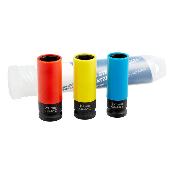 WS24 Steckschlüsseleinsätze 1/2 Zoll Antrieb, SW 17, 19 und 21 aus Chrom-Molybdän-Stahl in Kunststoffverpackung