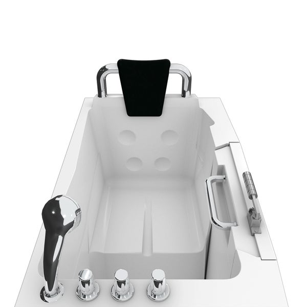 Sitzbadewanne mit Tür, integriertem Sitz, Handbrause und Haltegriffen.