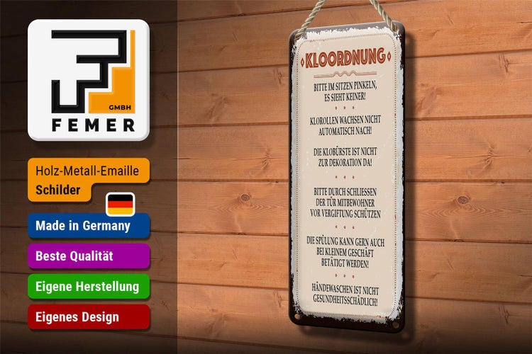 Blechschild Spruch Kloordnung bitte im sitzen pinkeln 10x27cm