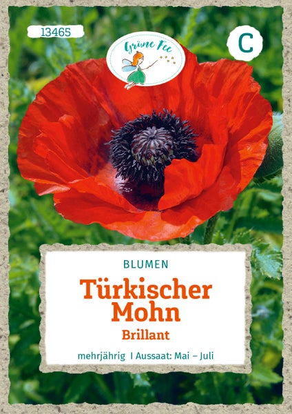 Samentüte für Türkischen Mohn Brillant, Grüne Fee Logo, mehrjährige Blume, Aussaat von Mai bis Juli.