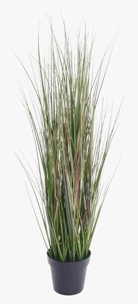 Künstliche Pflanze Ziergras im schwarzen Kunststofftopf mit grünen und bräunlichen Halmen.