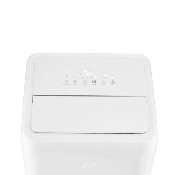 Draufsicht auf das Bedienfeld eines weißen mobilen Klimageräts mit digitaler Temperaturanzeige von 22 Grad und Touch-Symbolen.