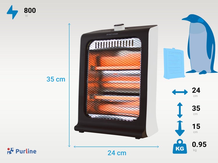 Purline Heizlüfter mit 800 Watt Leistung und den Maßen 35 cm Höhe, 24 cm Breite und 15 cm Tiefe