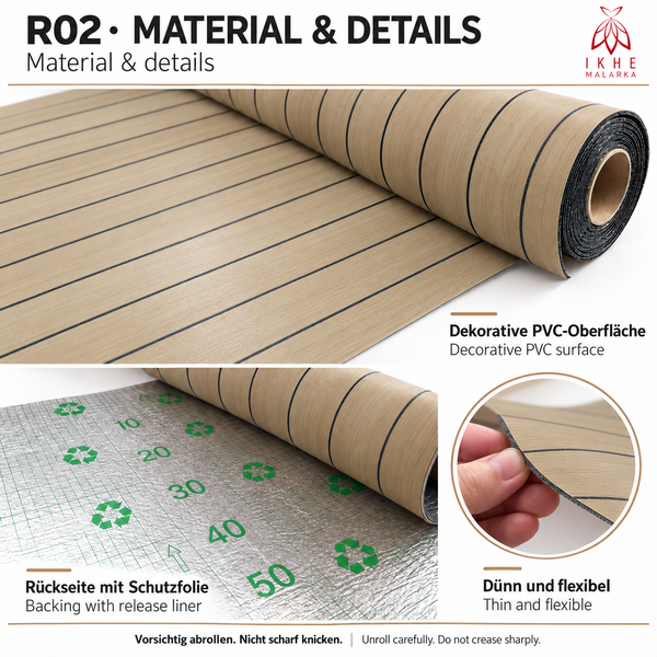 PVC Bodenbelag in Holzoptik auf Rolle mit selbstklebender Rückseite und Schutzfolie sowie Details zur Materialbeschaffenheit.