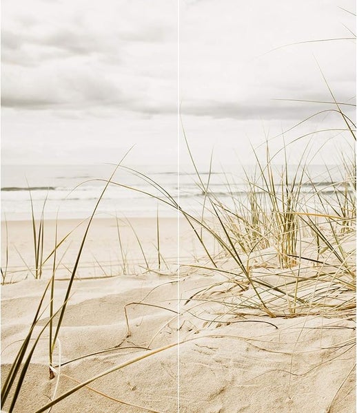 Nahaufnahme eines Strandes mit Gras im Vordergrund