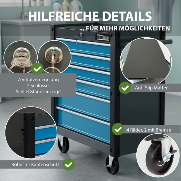 Werkstattwagen mit zentraler Verriegelung, Antirutschmatten, Kantenschutz und vier Rädern