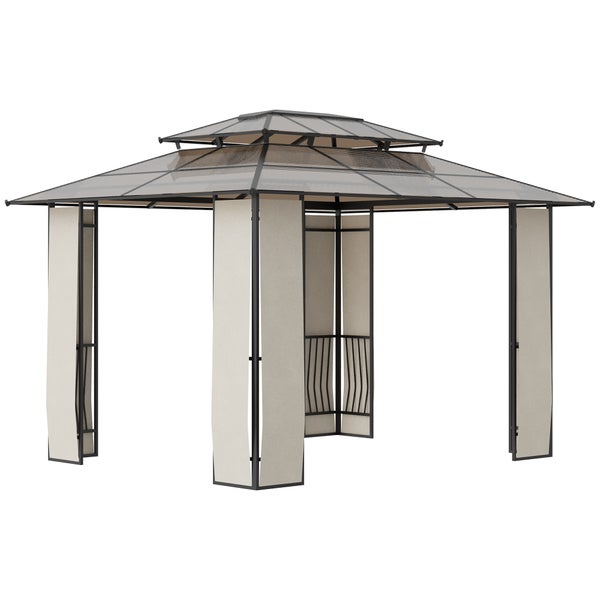 Outsunny Pavillon, Gartenpavillon, mit Sonnendach, Aluminum, Stahl, Polyester, 3,65 x 3 x 2,75 m, Braun+Hellgrau