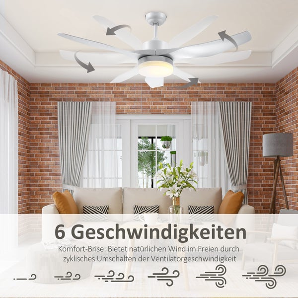 HOMCOM Deckenventilator mit Beleuchtung, umkehrbar LED Deckenleuchte mit Ventilator, 6 Geschwindigkeiten, 3 Lichtfarben, Deckenlampe mit Fernbedienung, Timer für Wohnzimmer, Esszimmer Weiß