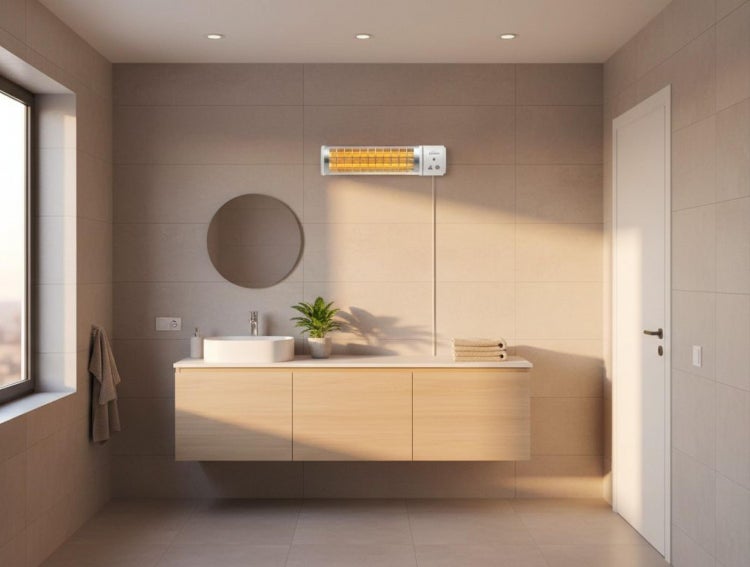 Modernes Badezimmer mit Heizstrahler über dem Waschtisch
