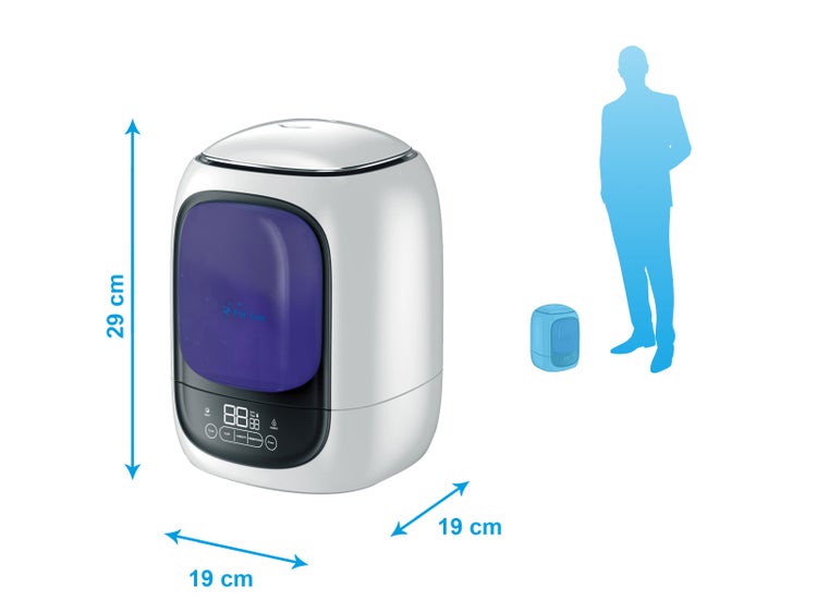 Luftbefeuchter mit den Maßen 29 cm Höhe und 19 cm Breite.