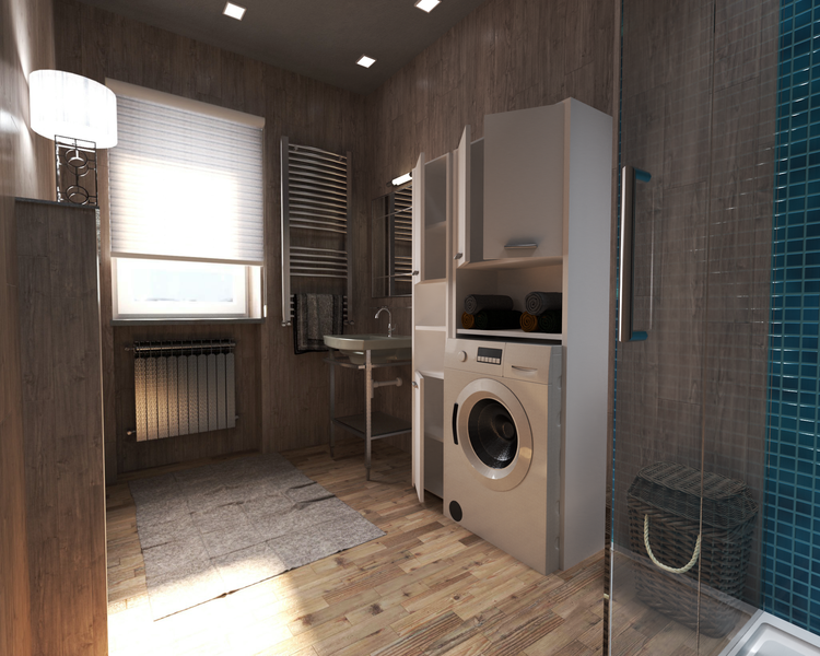 Helles Badezimmer mit Waschmaschine, Waschbecken, Handtuchwärmer und Dekorationen.