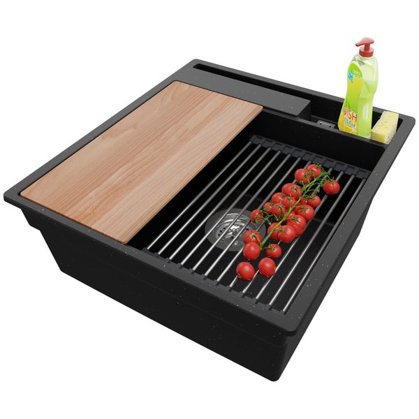 PRIMAGRAN Spülbecken Schwarz Metallic 48x53cm, Granitspüle 1 Becken + Ablauf-Set + Küchenzubehörset, Küchenspüle ab 50er Unterschrank - Oslo Pocket