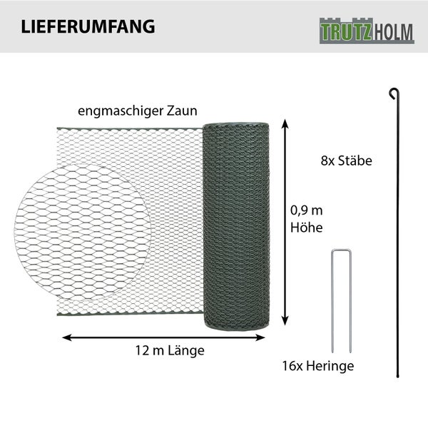 Lieferumfang von Trutzholm engmaschiger Zaun mit 0,9 Meter Höhe, 12 Meter Länge, 8 Stäben und 16 Heringen für die Gartengestaltung.