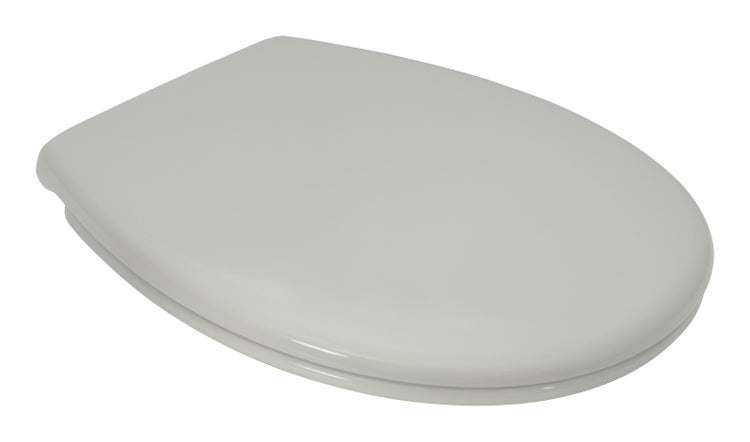 Geschlossener WC Sitz mit ovaler Form aus Kunststoff für das Badezimmer.