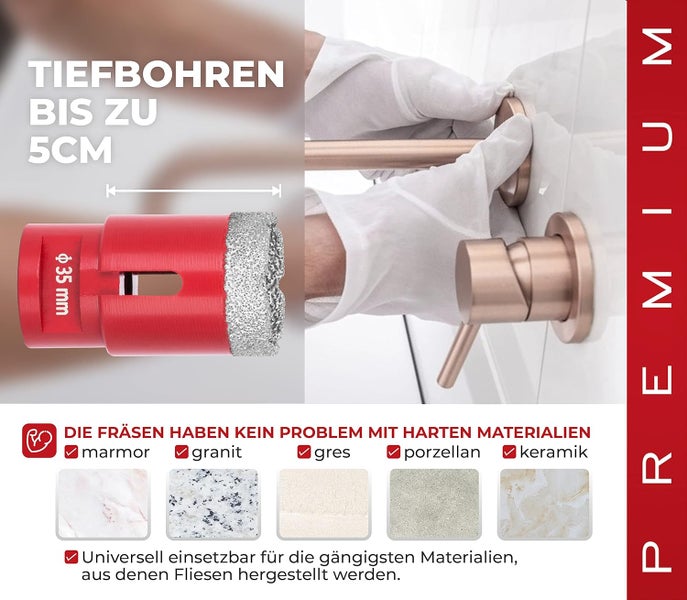 PROREGAL Diamant Bohrkronenaufsatz Premium Crystal 35 mm für Fliesen Glas Feinsteinzeug Keramik Granit Steinfliesen Winkelschleifer Flex M14