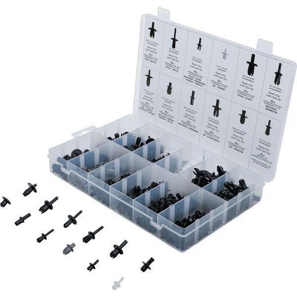 Sortiment verschiedener Universal-Befestigungsclips aus Kunststoff