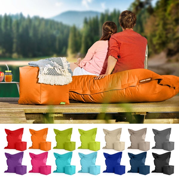 Green Bean 2er Set XXL Sitzsack inkl. Pouf fertig befüllt mit EPS-Perlen - Riesensitzsack 140x180 Lounge Sitz-Kissen Bean-Bag Chair  - Orange