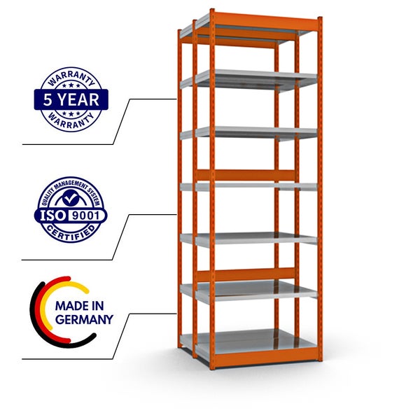 PROREGAL Fachbodenregal Stecksystem Vierkant-Profil Grundregal HxBxT 300 x 102,5 x 40 cm 2x7 Ebenen Doppelseitige Bauart Fachlast 200 kg Orange