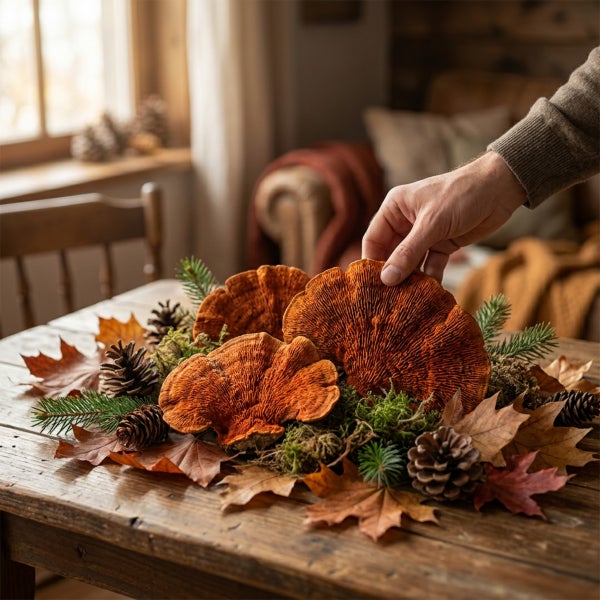 Herbstliche Tischdekoration mit Baumpilzen, Tannenzapfen, Moos und Laub auf einem Holztisch.