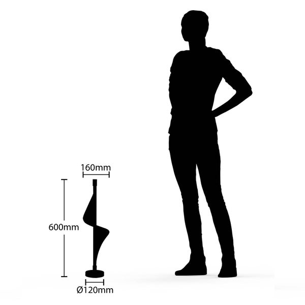 Größenvergleich einer modernen Außenleuchte mit einer Person. Höhe 600 Millimeter, Breite 160 Millimeter, Fußdurchmesser 120 Millimeter.