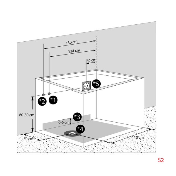 Diagramm einer Duschkabine mit Maßangaben für Installation