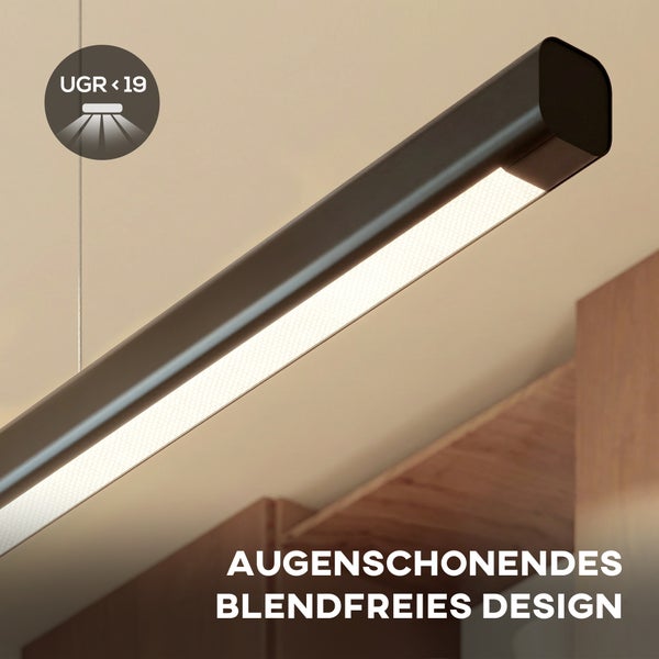LED-Pendelleuchte in Schwarz mit blendfreiem Design und einem UGR-Wert kleiner als 19 für augenschonendes Licht.