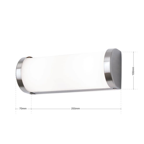 Moderne Wandleuchte in halbkreisform mit Maßen von 255 Millimeter mal 100 Millimeter mal 70 Millimeter für den Innenbereich.