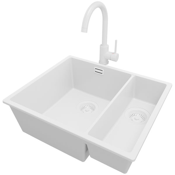 PRIMAGRAN Granitspüle Alles Weiß 56x47cm, Spülbecken 1,5 Becken + Küchenarmatur 32x20cm + Ablauf-Set, Küchenspüle ab 60er Unterschrank - London Slim Duo