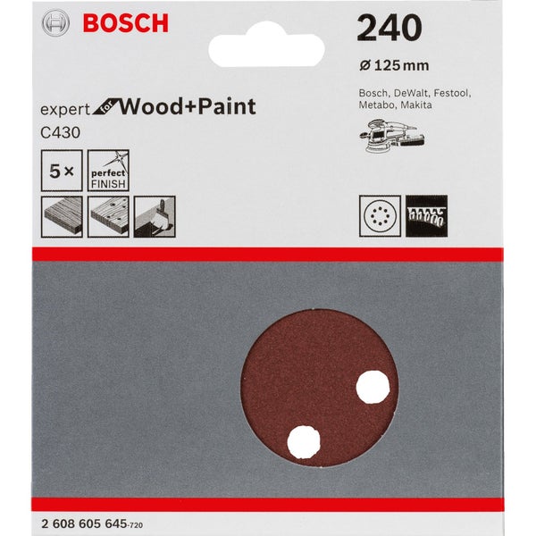 Bosch 5x Schleifblatt C430 Expert for Wood 8 Löcher Klett 125 mm K240 - 2608605645