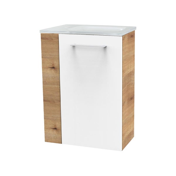 Fackelmann MILANO Gäste-WC Set 2 Teile – Waschtischunterschrank in Weiß mit Holz Braun mit Waschbecken aus Glas in Weiß – SBC Waschbeckenunterschrank schmal – Türanschlag rechts – 45 cm breit