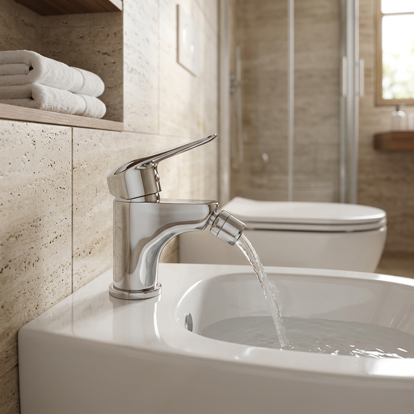 Bidetarmatur aus Chrom auf einem weißen Keramik-Bidet mit fließendem Wasser in einem hellen Badezimmer mit Natursteinfliesen.