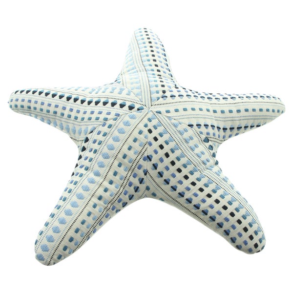 Dekokissen in Seesternform mit blauem Stickmuster aus Stoff.